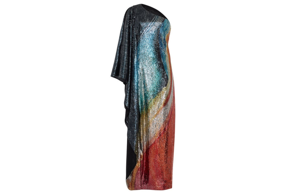 One shoulder sequin gown with draped sleeve in shades of blue, yellow and orange