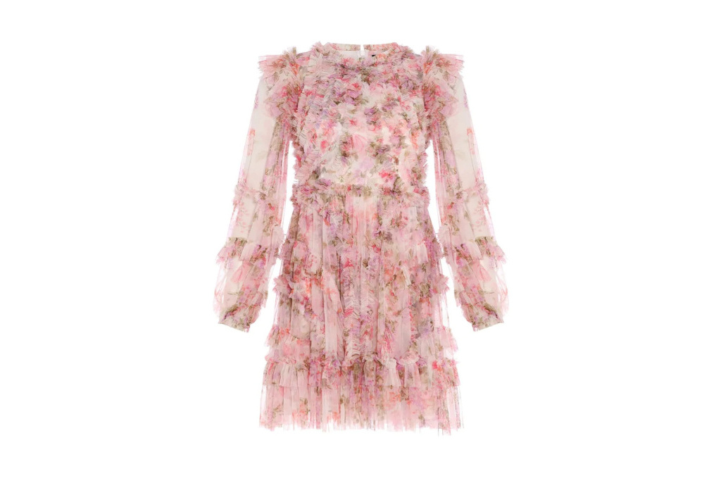 Pink floral mini dress with long puff sleeves and ruffles