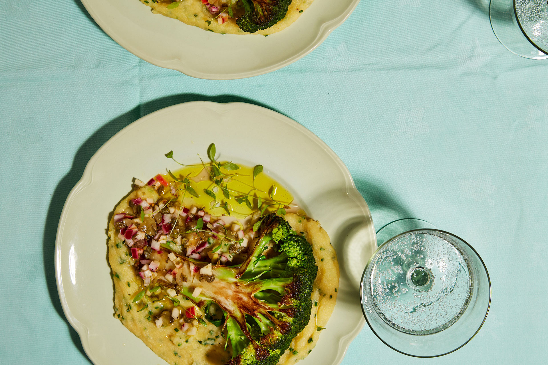 Roasted Broccoli with Cheesey Polenta & Chives