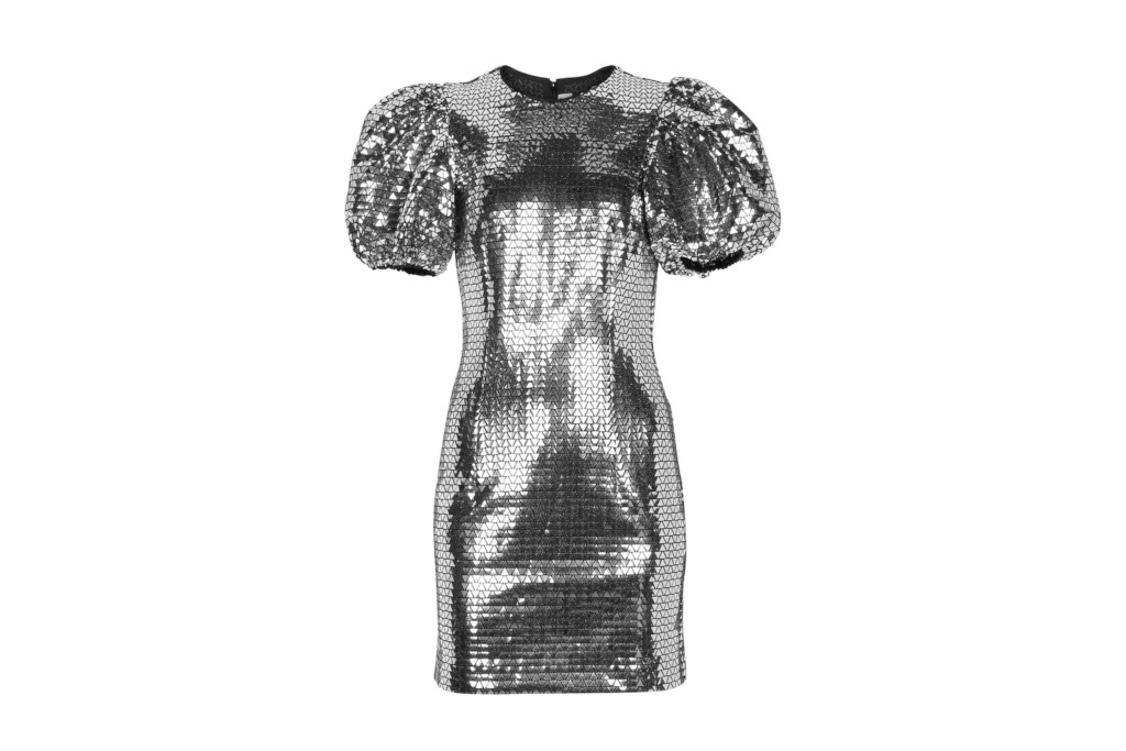 Silver metallic mini dress with puff sleeves