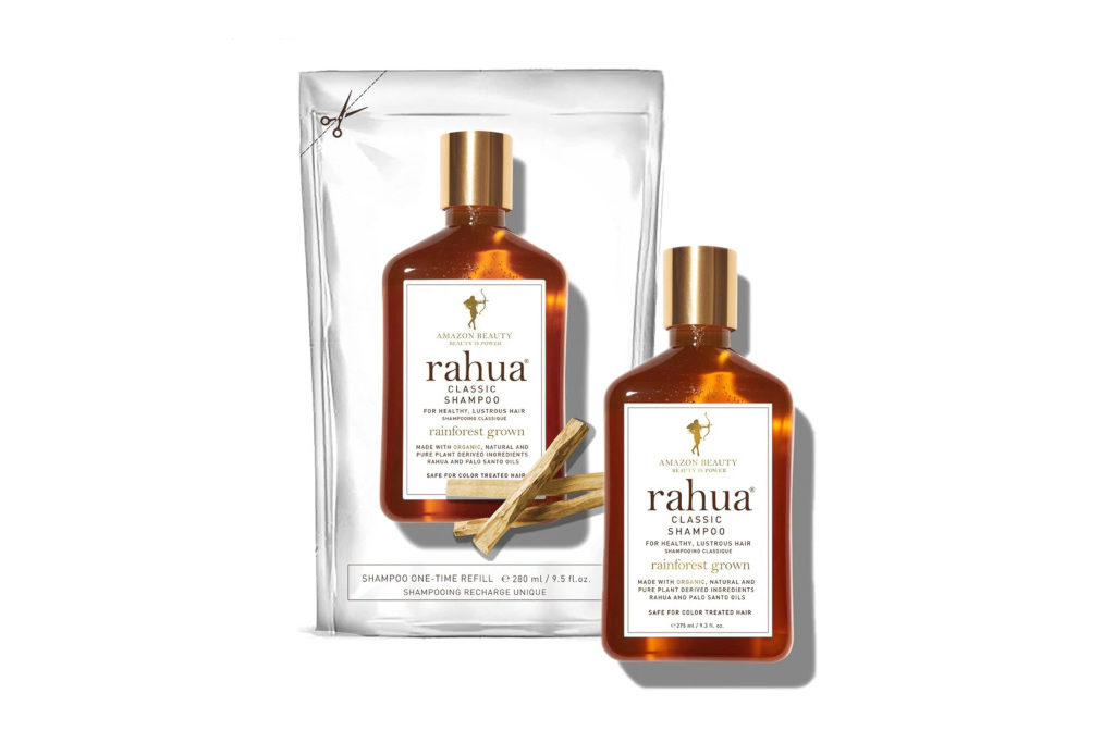 Bottle and reusable pouch of shampoo