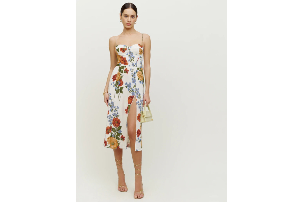 Model stood in white dress with floral pattern