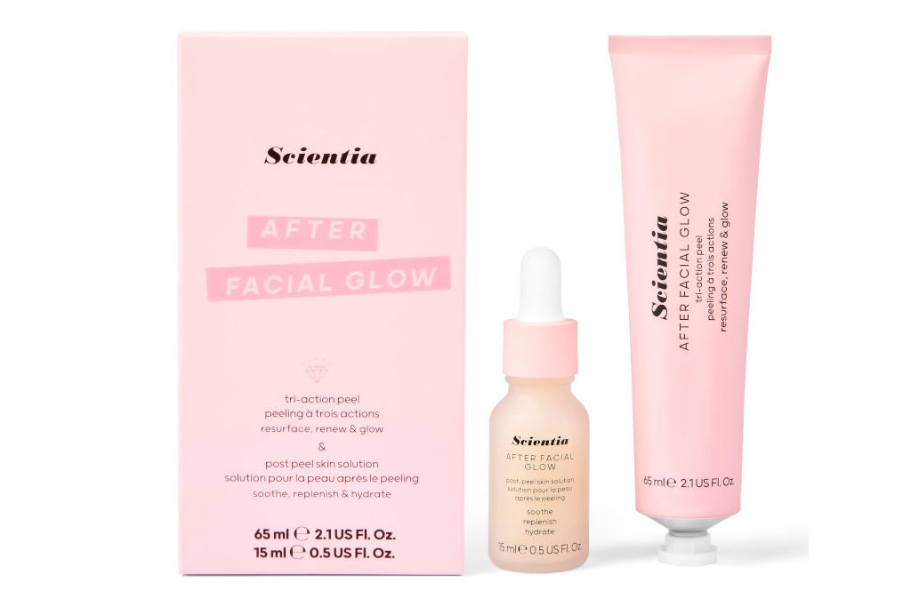 a pink box of Scientia After Facial Glow. bottle, tube and box.