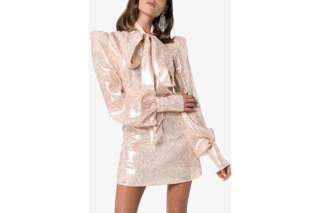 Pink metallic mini dress with long puff sleeves and a large ribbon at the neck