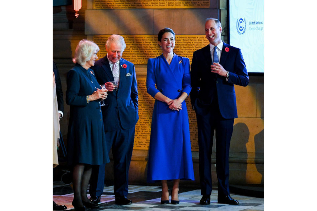 The Duchess of Cornwall, the Princes of Wales and the Duchess and Duke of Cambridge stood together laughing
