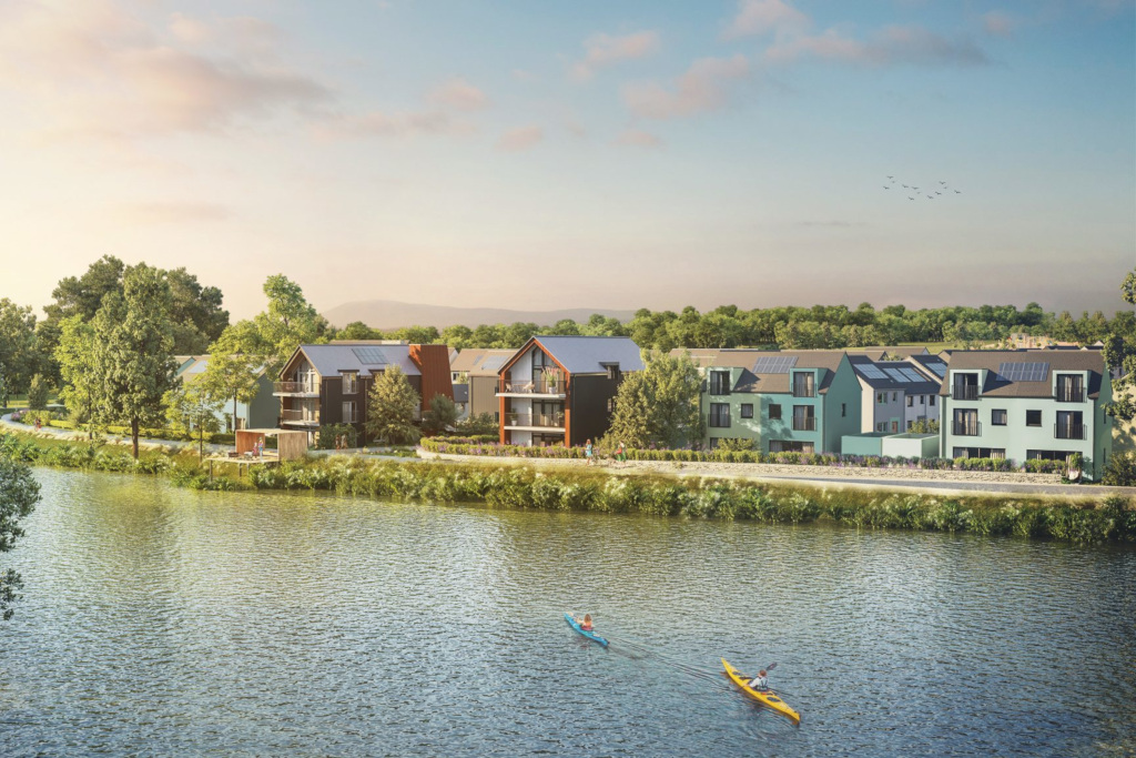 Computer generated view of riverside properties, with colourful homes on the bank and people kayaking up the river