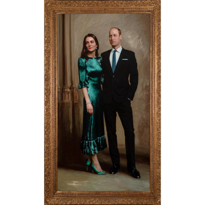 Painted portrait of the Duke and Duchess of Cambridge. Kate wears a silky green dress and heels, William is wearing a black suit with a green tie