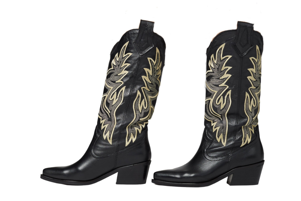 Black cowboy boots with cream and white detailing