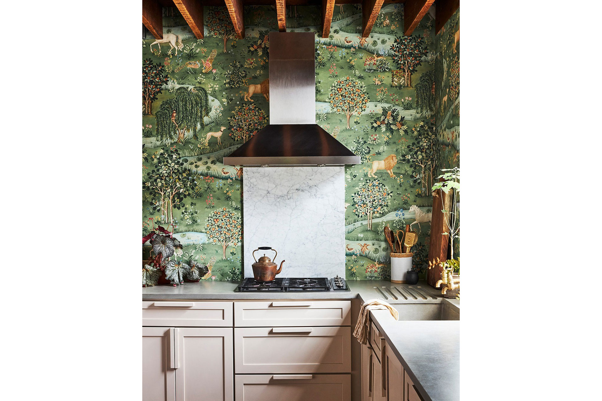 Anthropologie kitchen interior with flora wallpaper