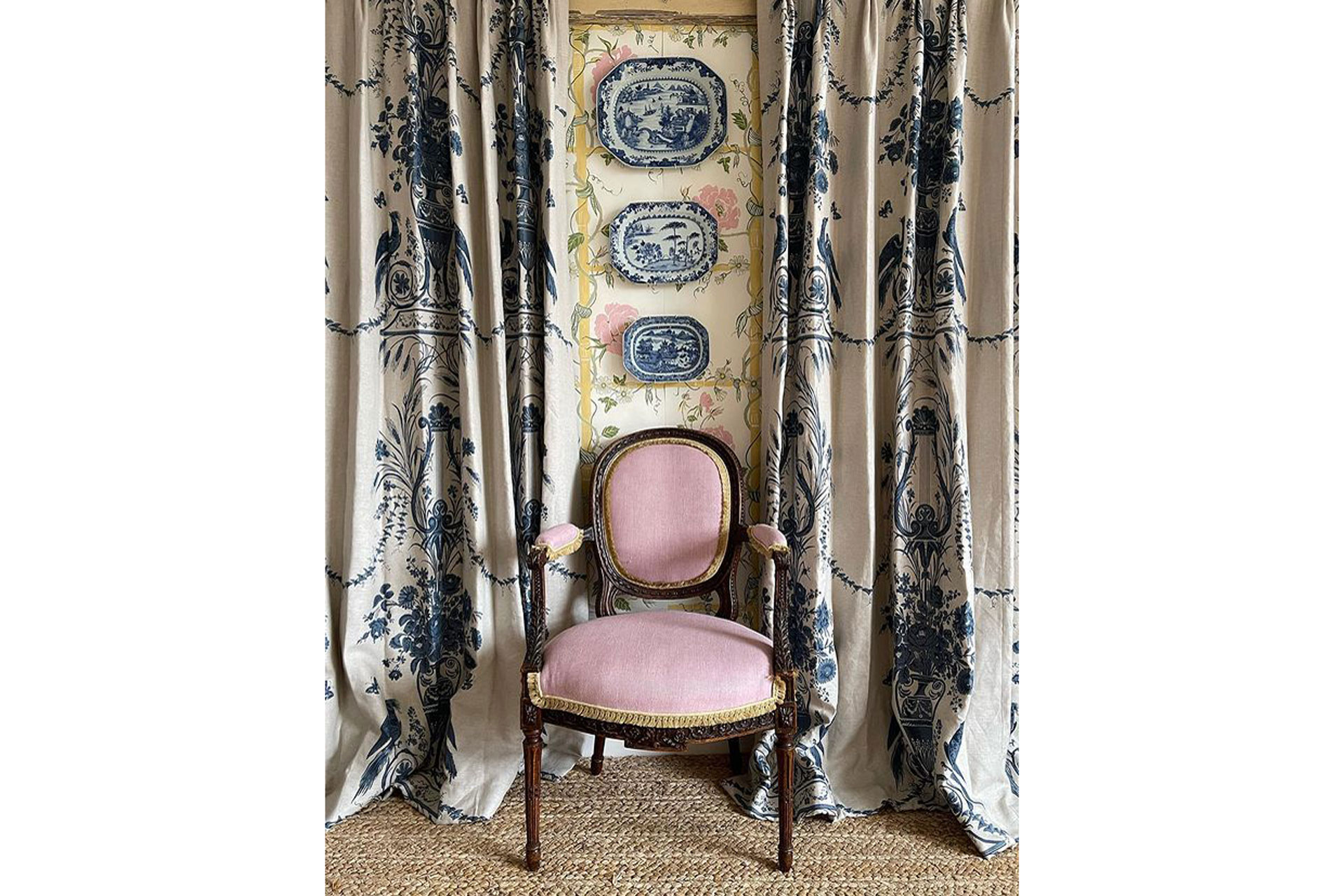 Hand dyed pink linen, hand painted Rose Espalier, and hand printed Susi Arabesque by Jet by White Works