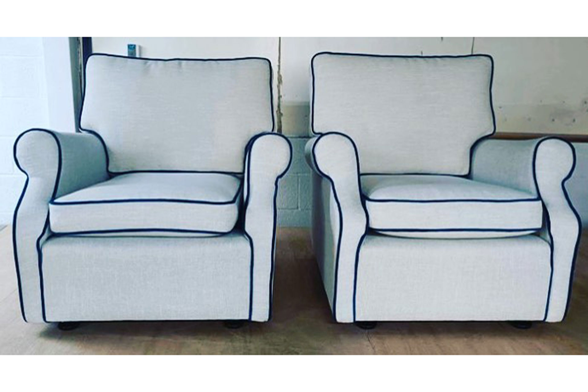 blue piped second hand sofa by Lou and Pickle