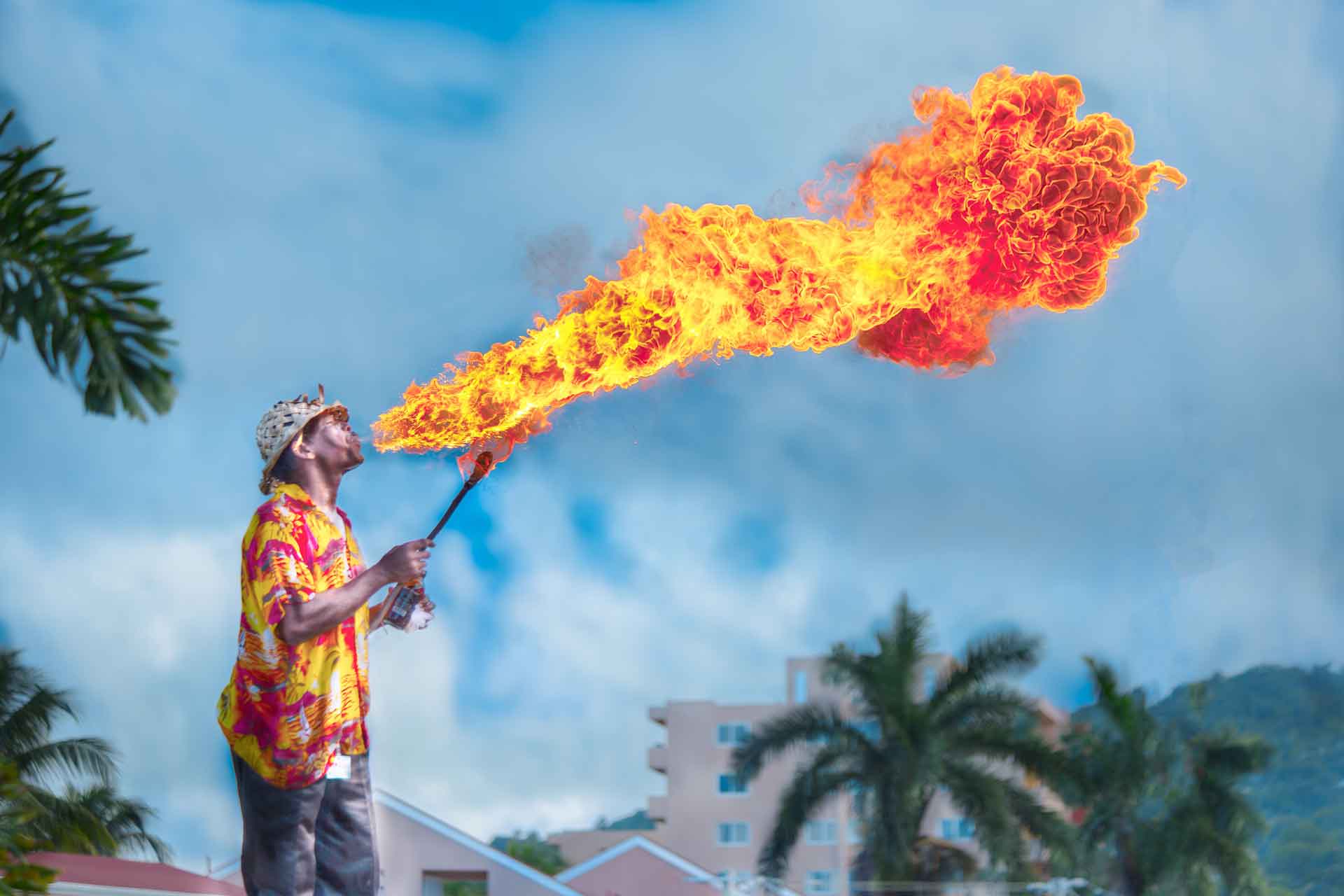 Man blowing fire in Ocho Rios, Jamaica