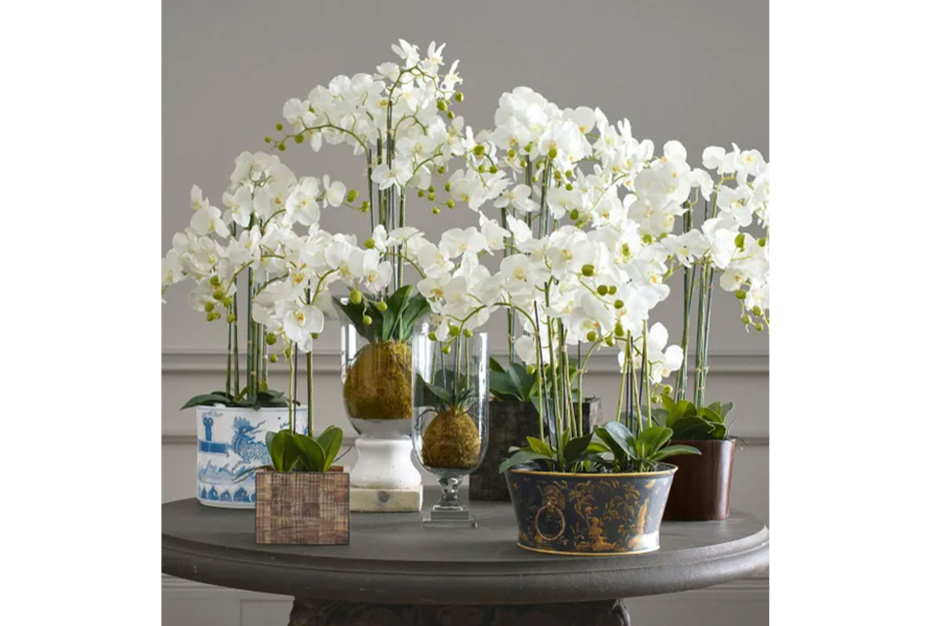 a group of artificial orchids on a table, all sold by Oka