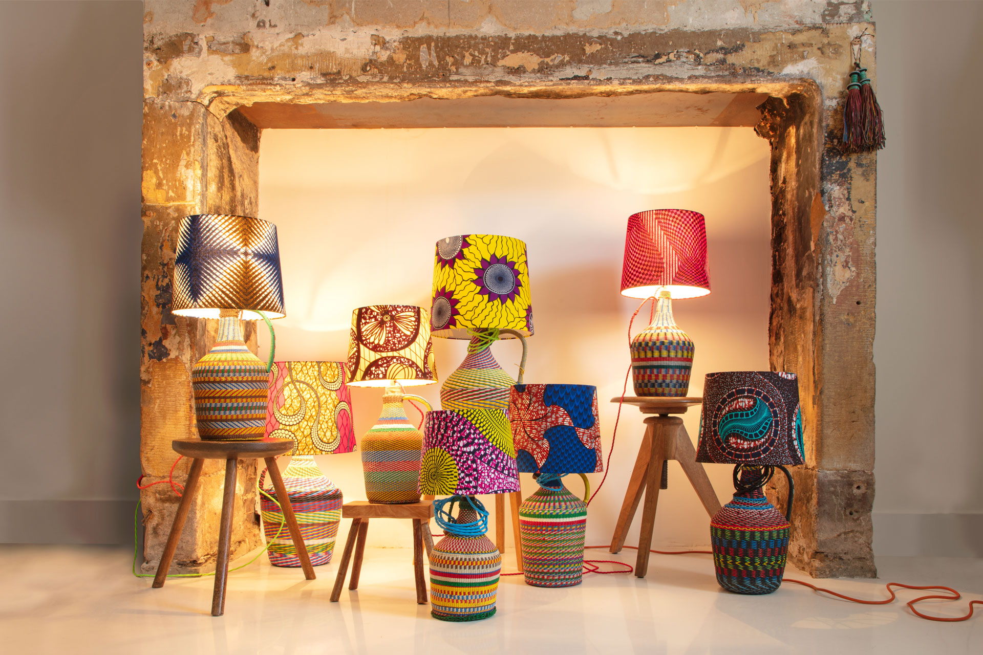 Upcycled homeware - Old glass bottle lamps and handwoven shades, £169 a set, re-foundobjects.com