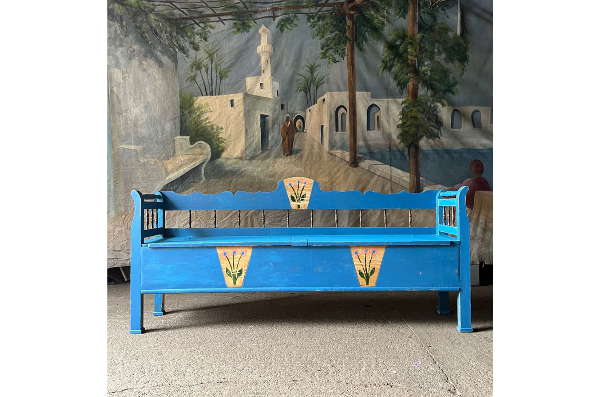 Folk Painted Box Bench In Blue With Pink Flowers sold by The Tolstoy Edit