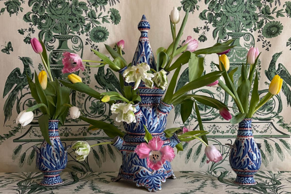 a group of three delft tulipieres staged by JET by Whiteworks and created by Katrin Moye