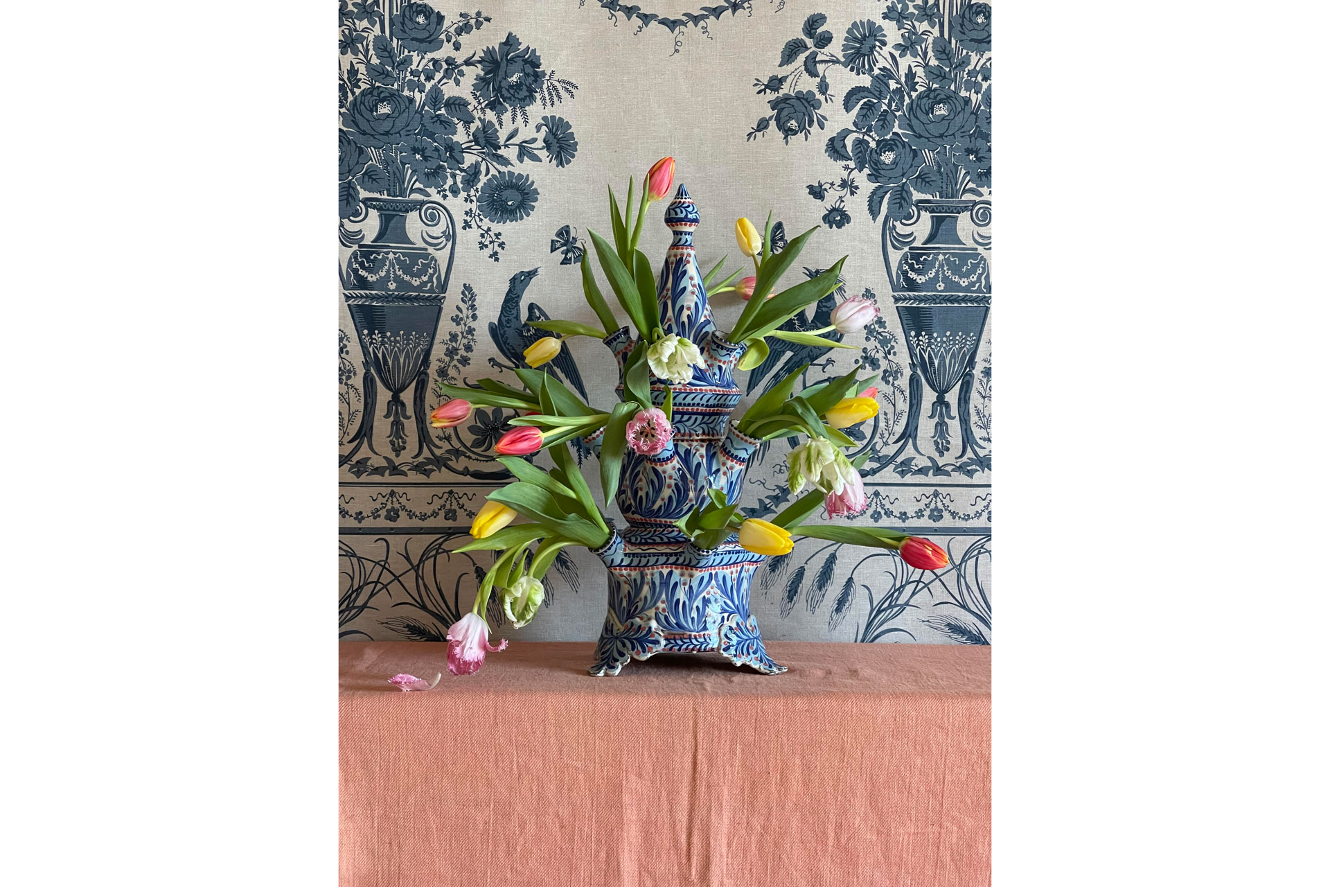 a delft blue large Tulipiere designed by Katrin Moye full of tulips