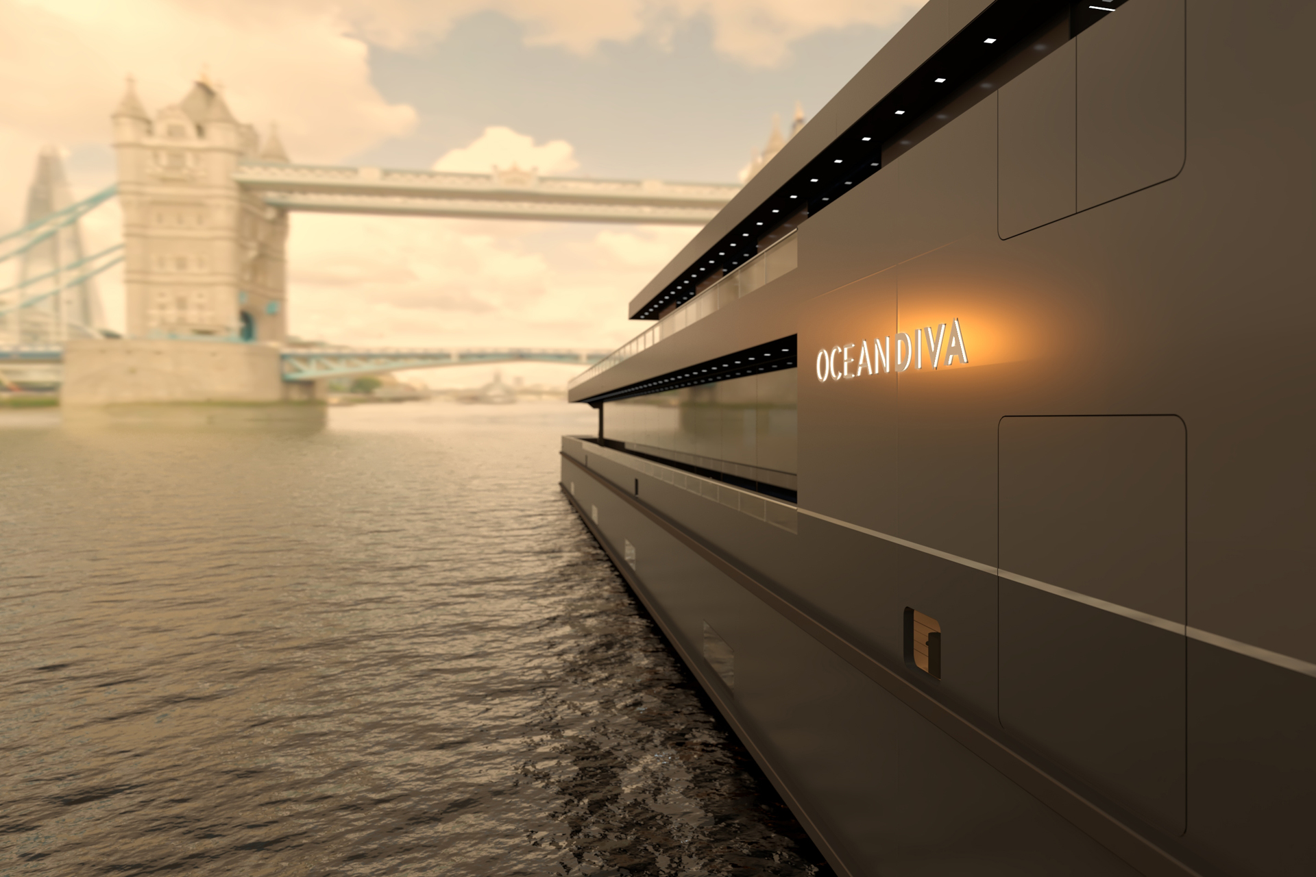 An artist impression of an Oceandiva boat, with Tower Bridge in the background