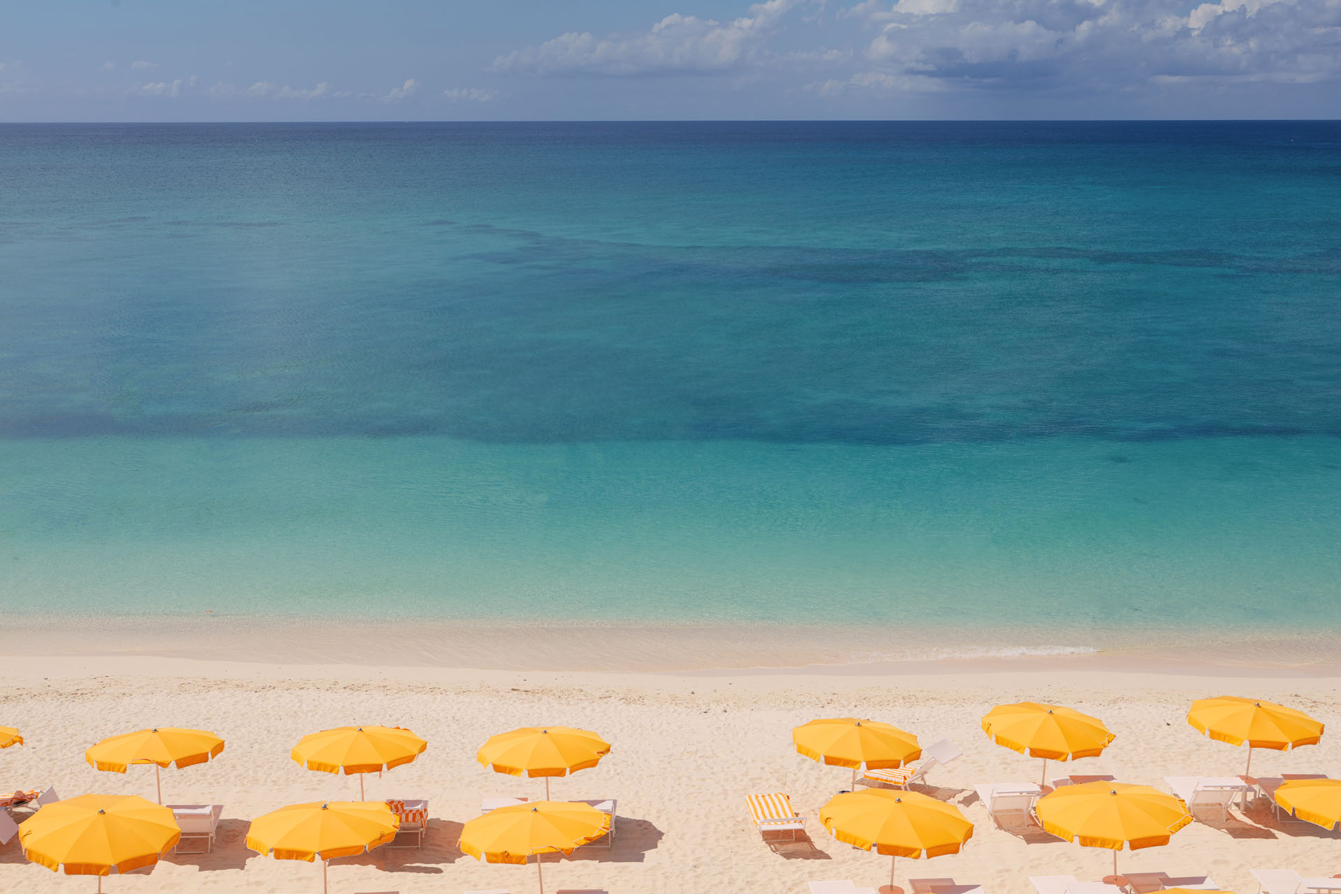 Palm heights beach with yellow umbrellas