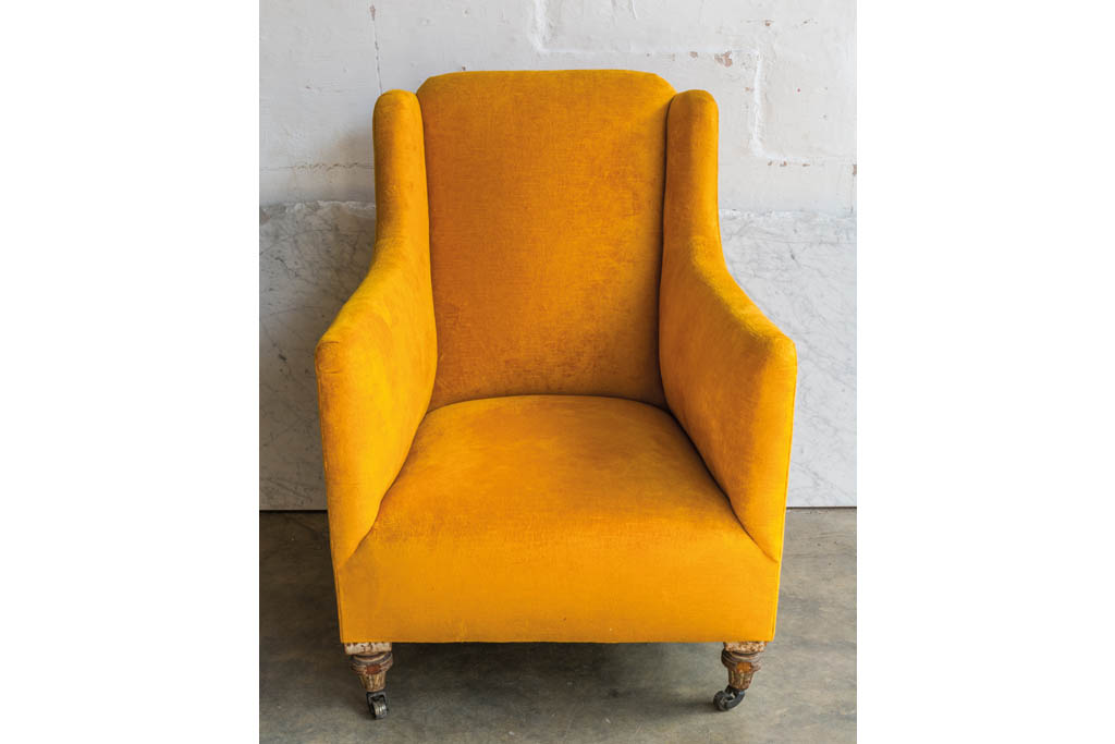 Edwardian armchair in crushed yellow velvet
