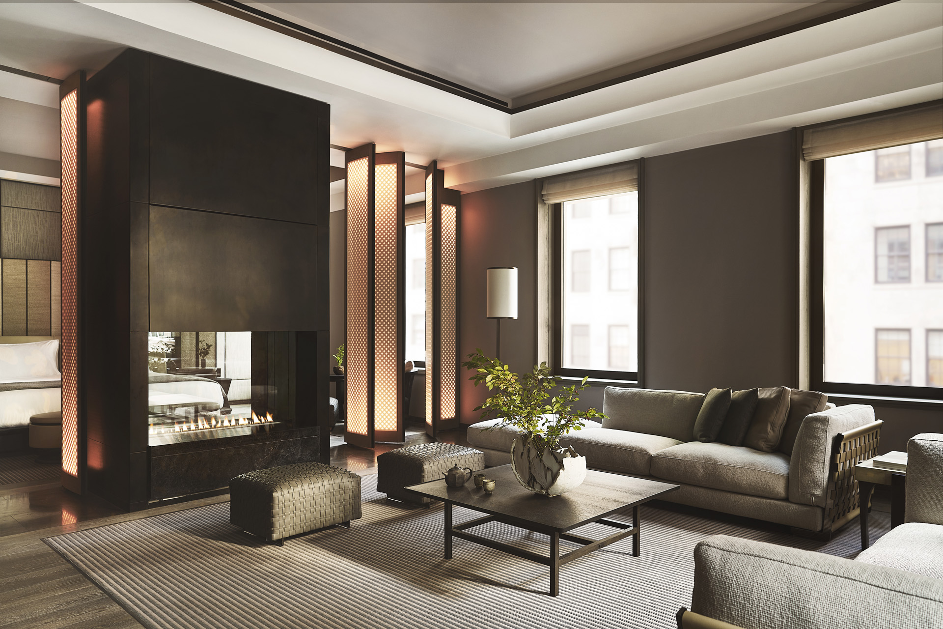 The Aman suite, with a large living area in neutral tones