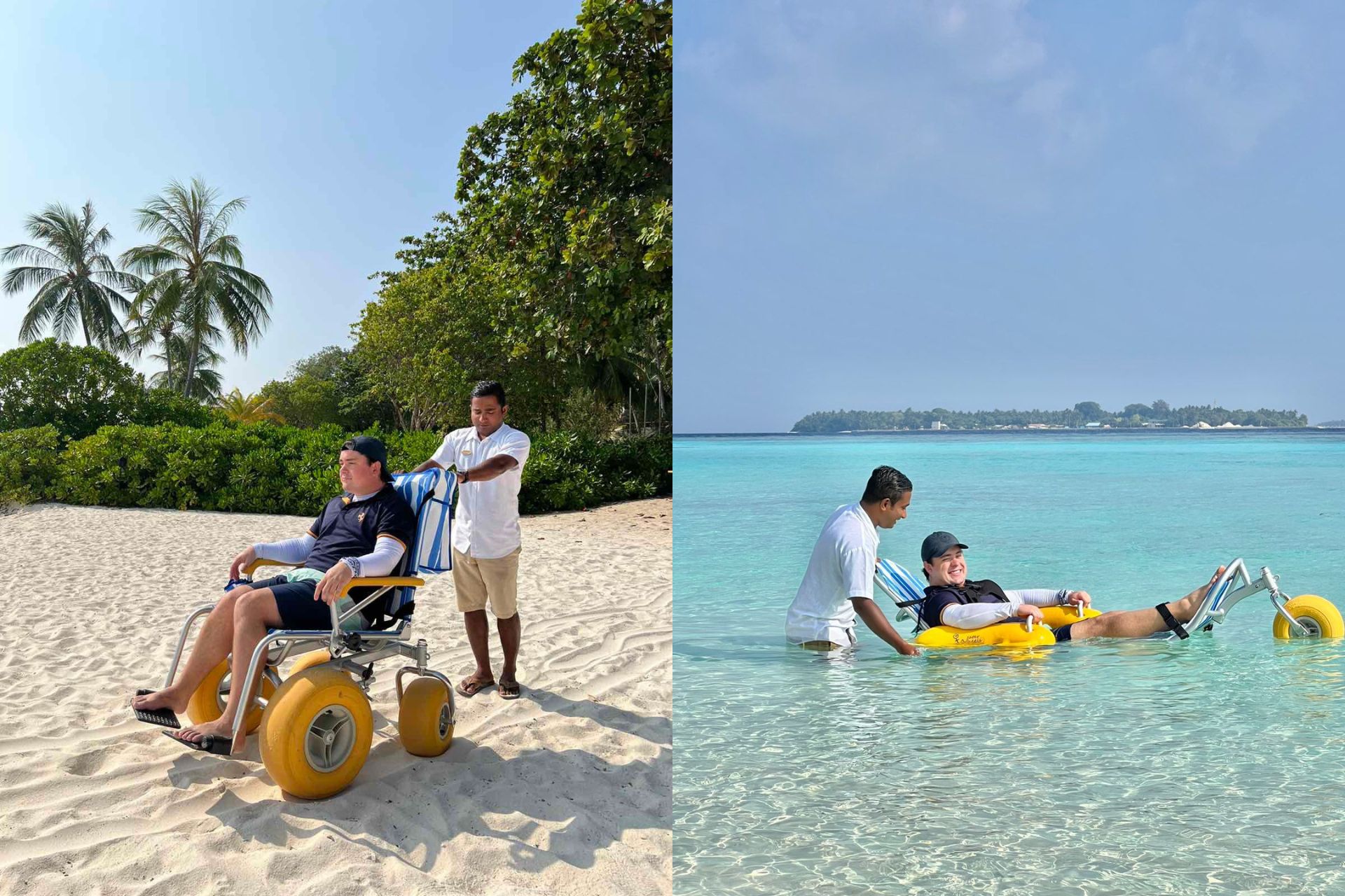 Left: a sand enabled wheelchair; right: a wheelchair user in the sea