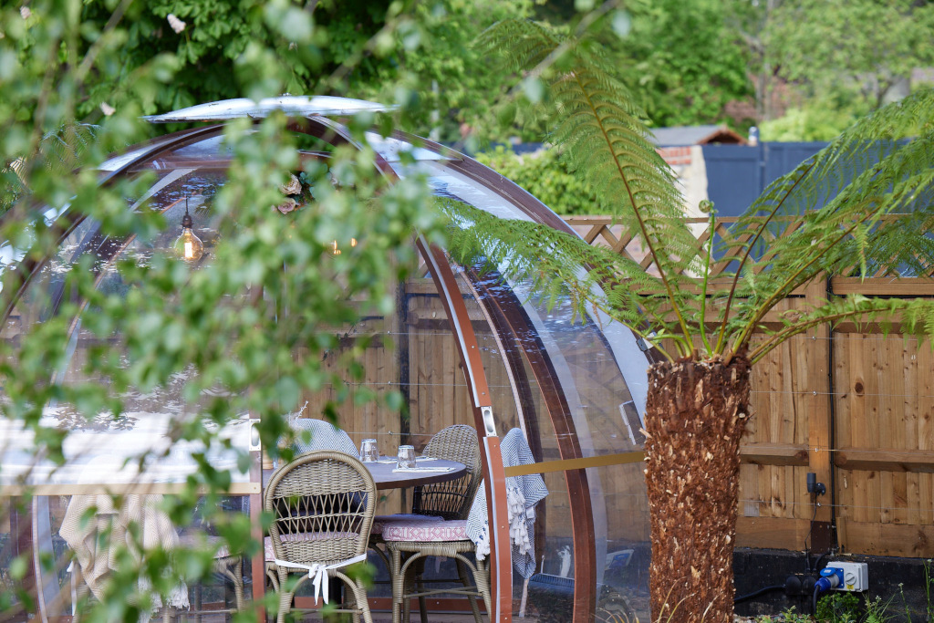 close up exterior shot of coppa club igloo overlooked by leafy tree