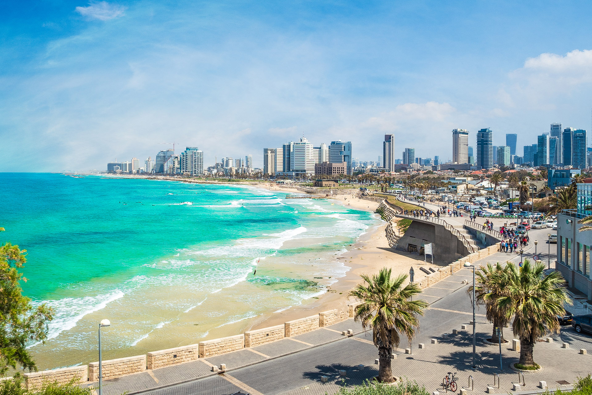 tel aviv cityscape on the coast with turquoise sea