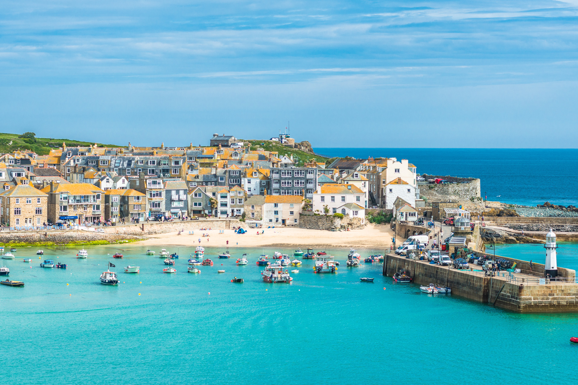 Elevated views of the popular seaside resort of St. Ives, Cornwall, England, United Kingdom, Europe