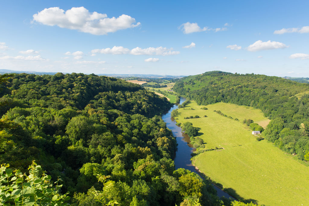 birdseye shot of wye valley and river wye 