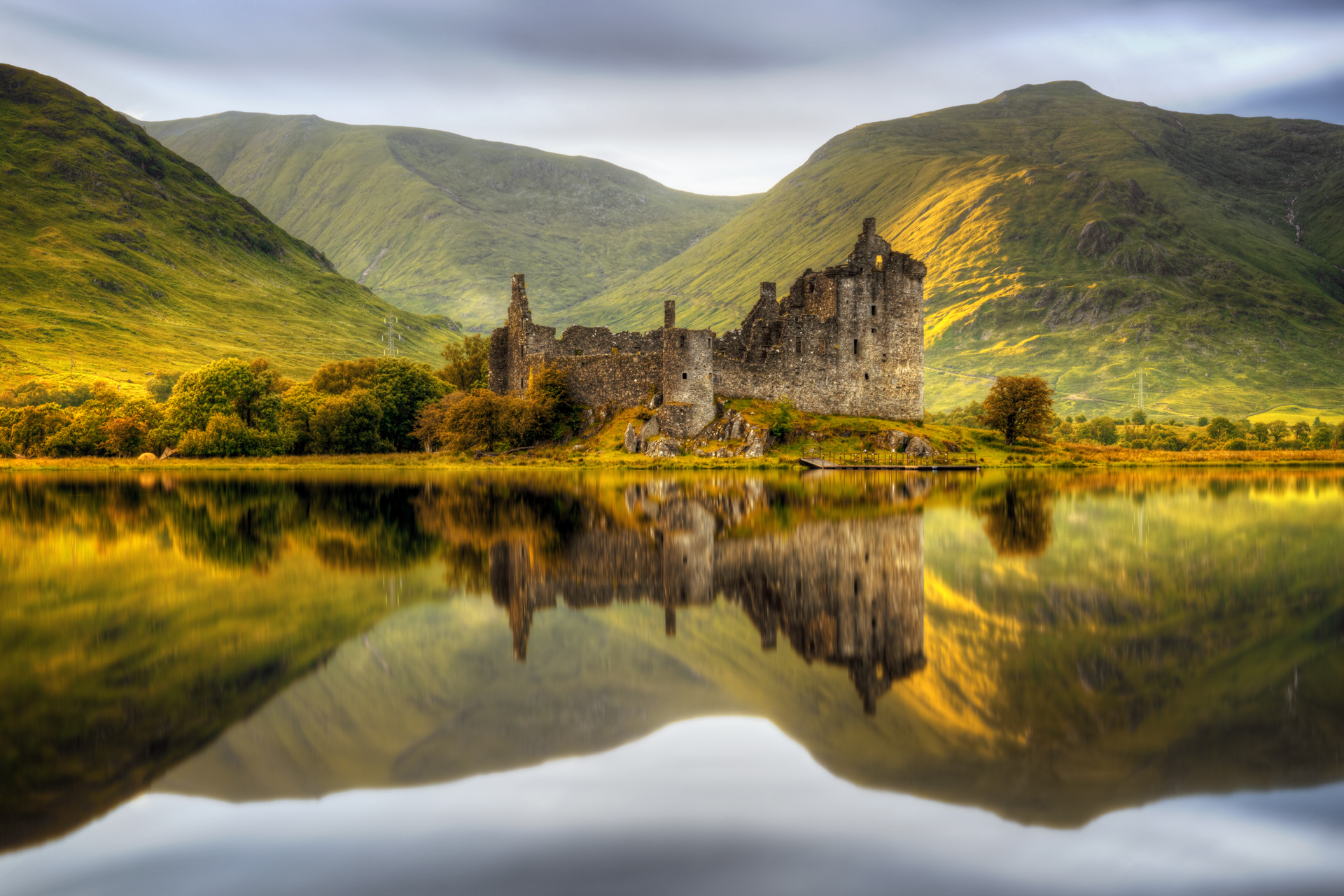 Kilchurn Castle reflections in Loch Awe at sunset, Scotland