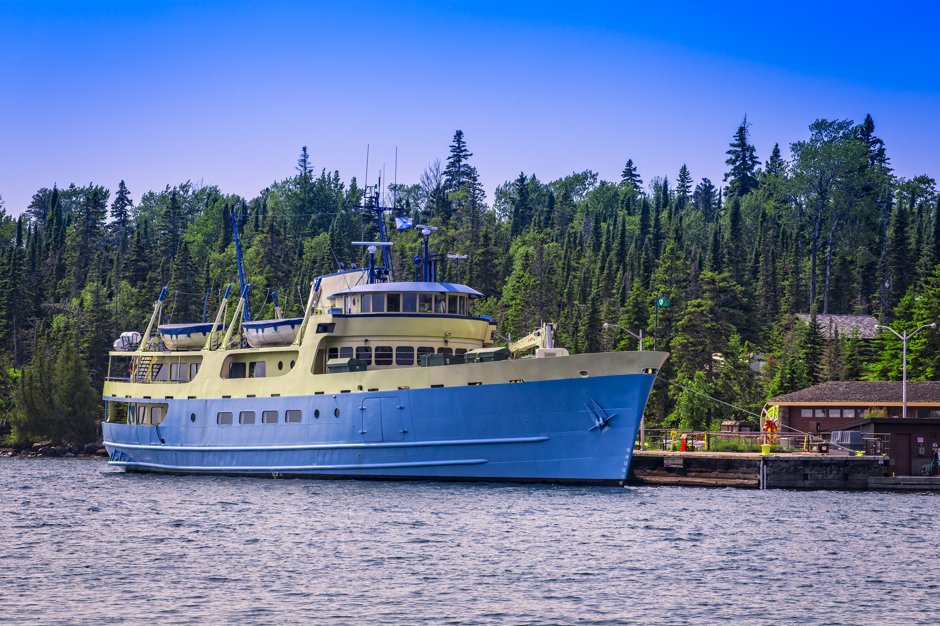 The National Park Service Vessel Ranger III at the dock at Rock Harbor in Isle Royale National Park, Lake Superior, Michigan, USA.