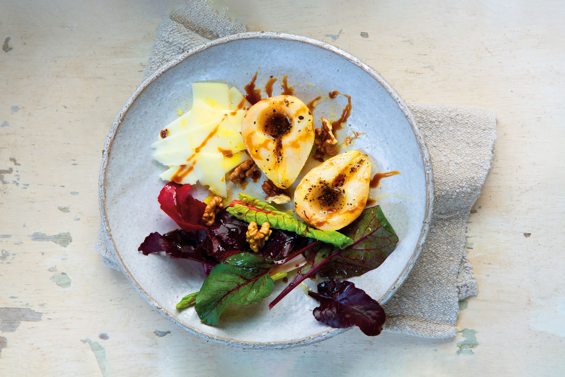 Roasted Peppered Pear Salad with Sheep’s Cheese, Honey and Walnuts