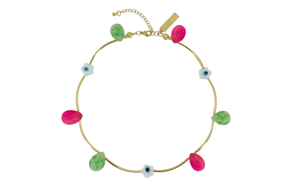 Gold necklace with green, pink and blue charms