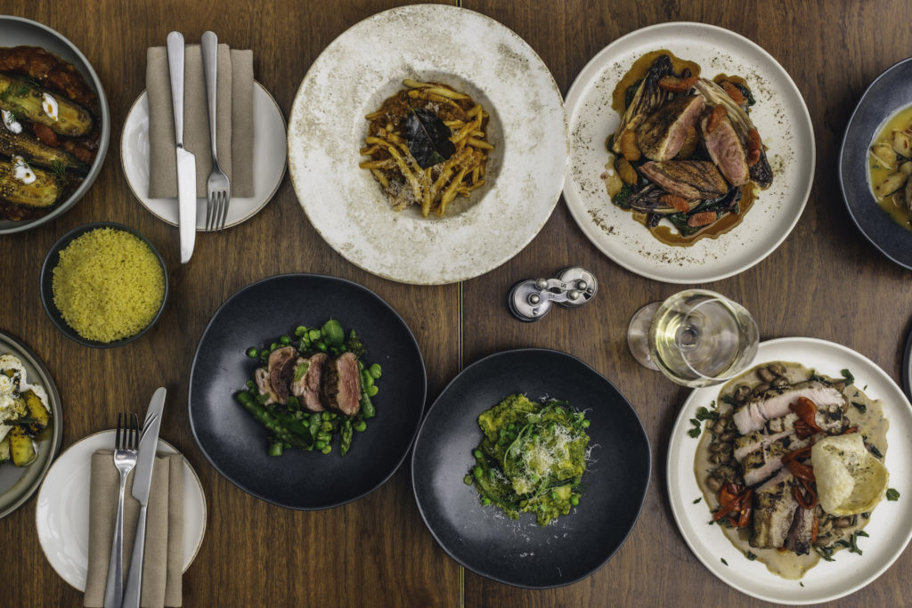 dishes in the middle of the table