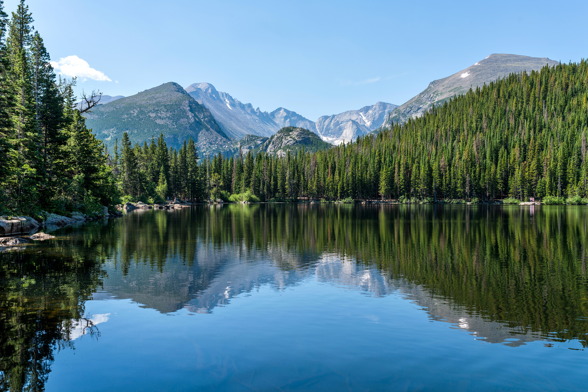 Longs Peak and Glacier Gorge reflecting in blue Bear Lake on a calm Summer morning, Rocky Mountain National Park, Colorado, USA.