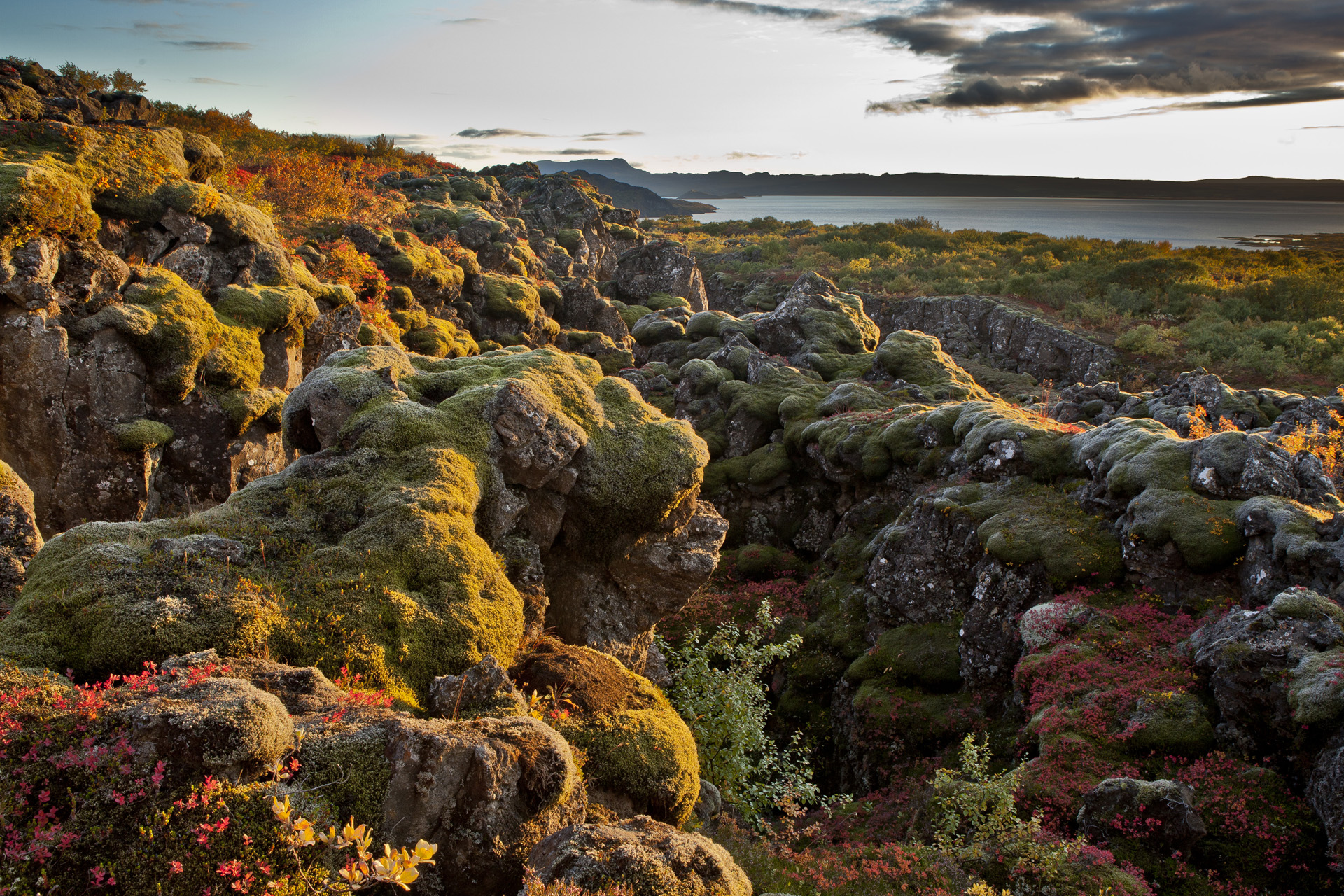 Sunset over Lake Thingvallavatn, Iceland, in autumn
