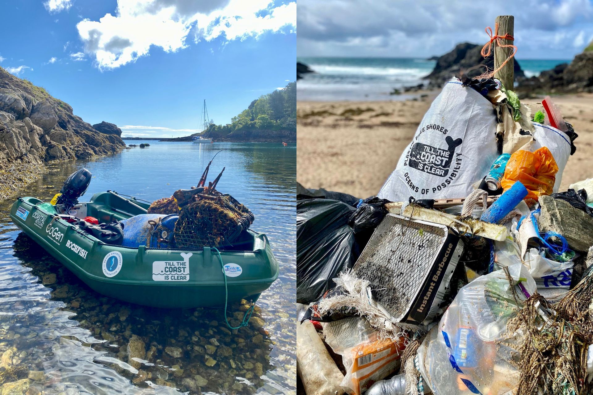 A boat filled with plastic pollution on the left; a stack of plastic pollution on the right
