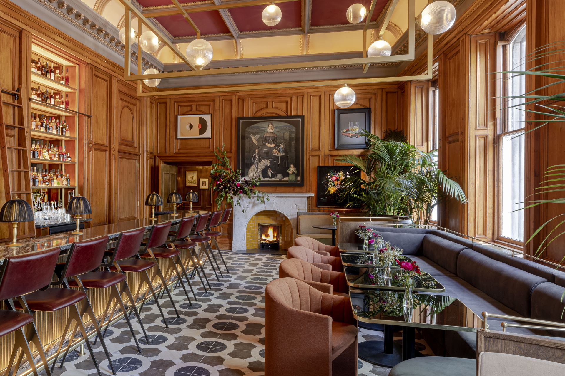 The wood paneled bar at Virgin Hotels Edinburgh
