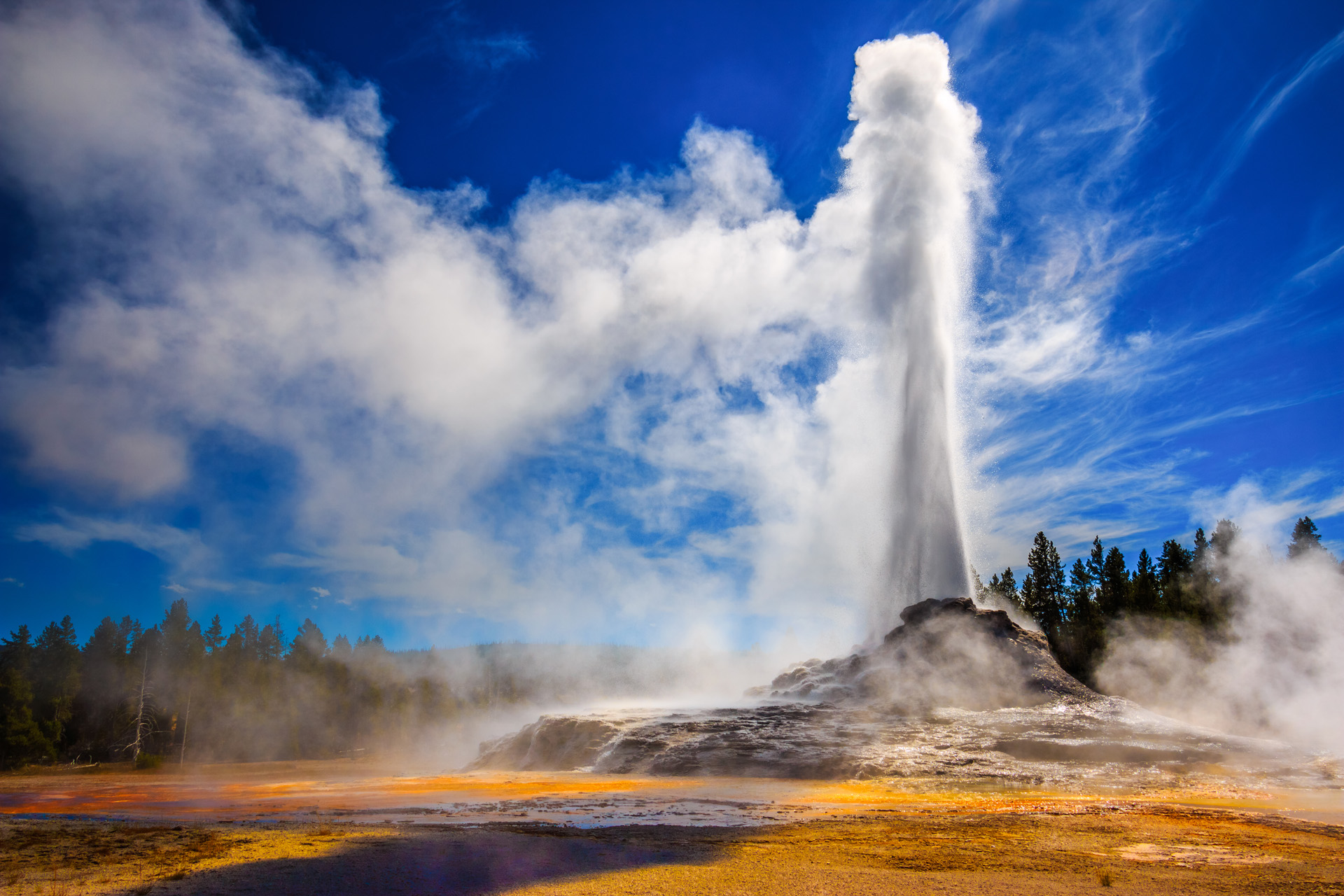Castle Geyser erupting in Yellowstone in strong back light.