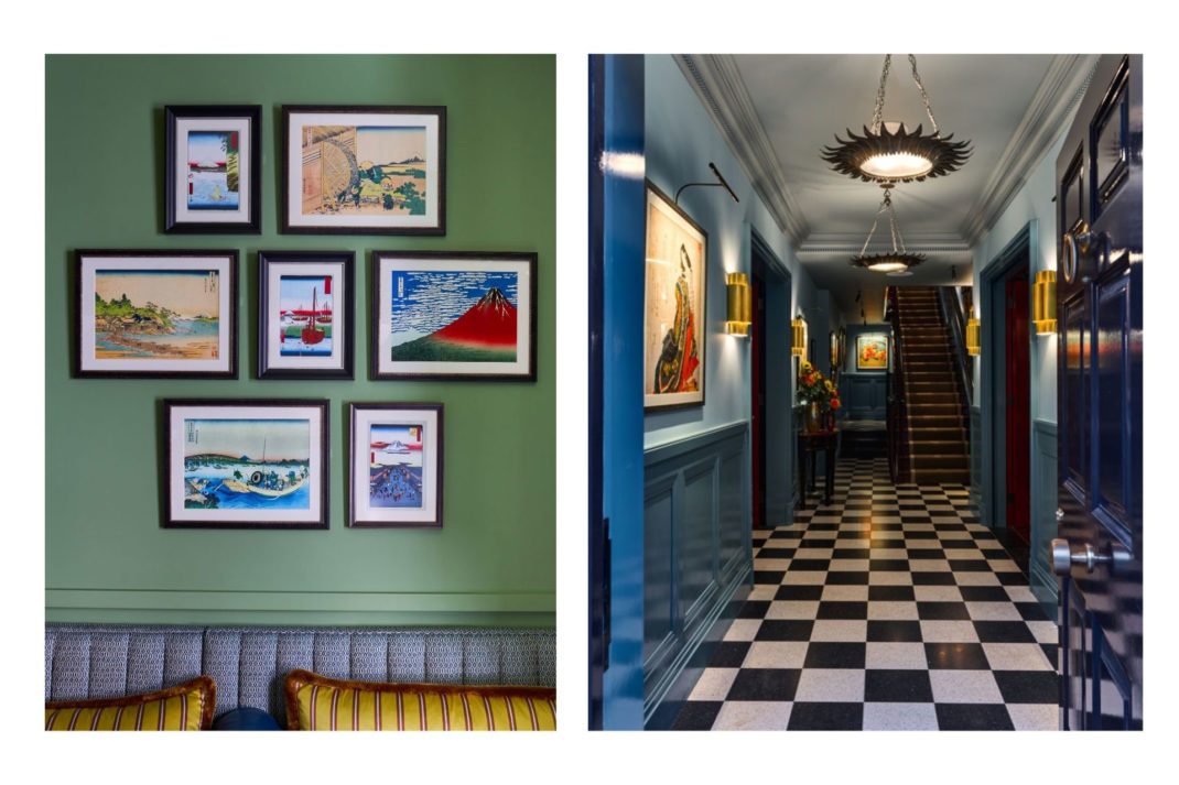 Beaverbrook Town House Interiors with a parque checkered entrance hall and inspired Japanese art hanging on the walls