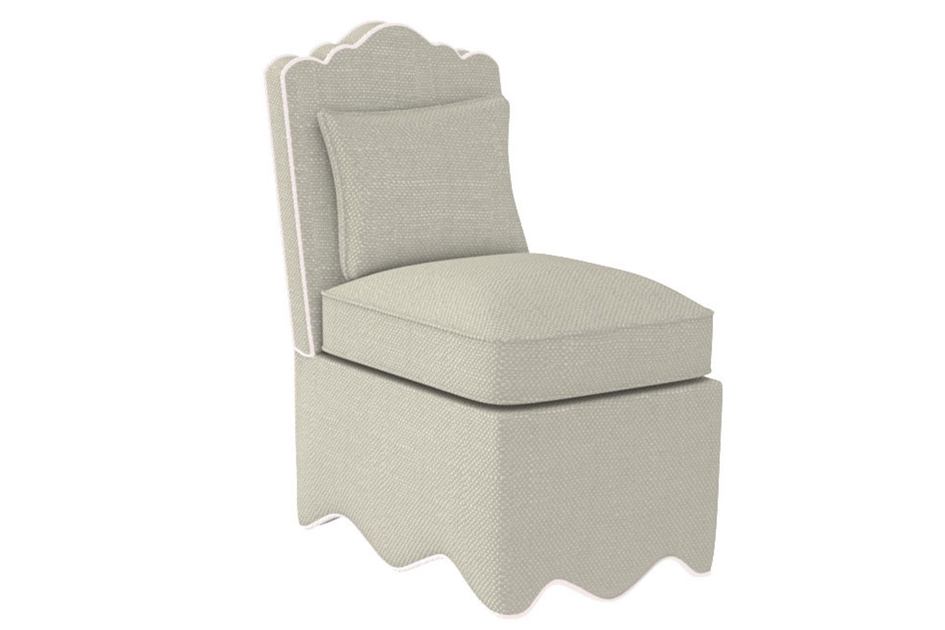 The Nina Campbell Accent chair features a whimsical scallop finish and upholstered seating