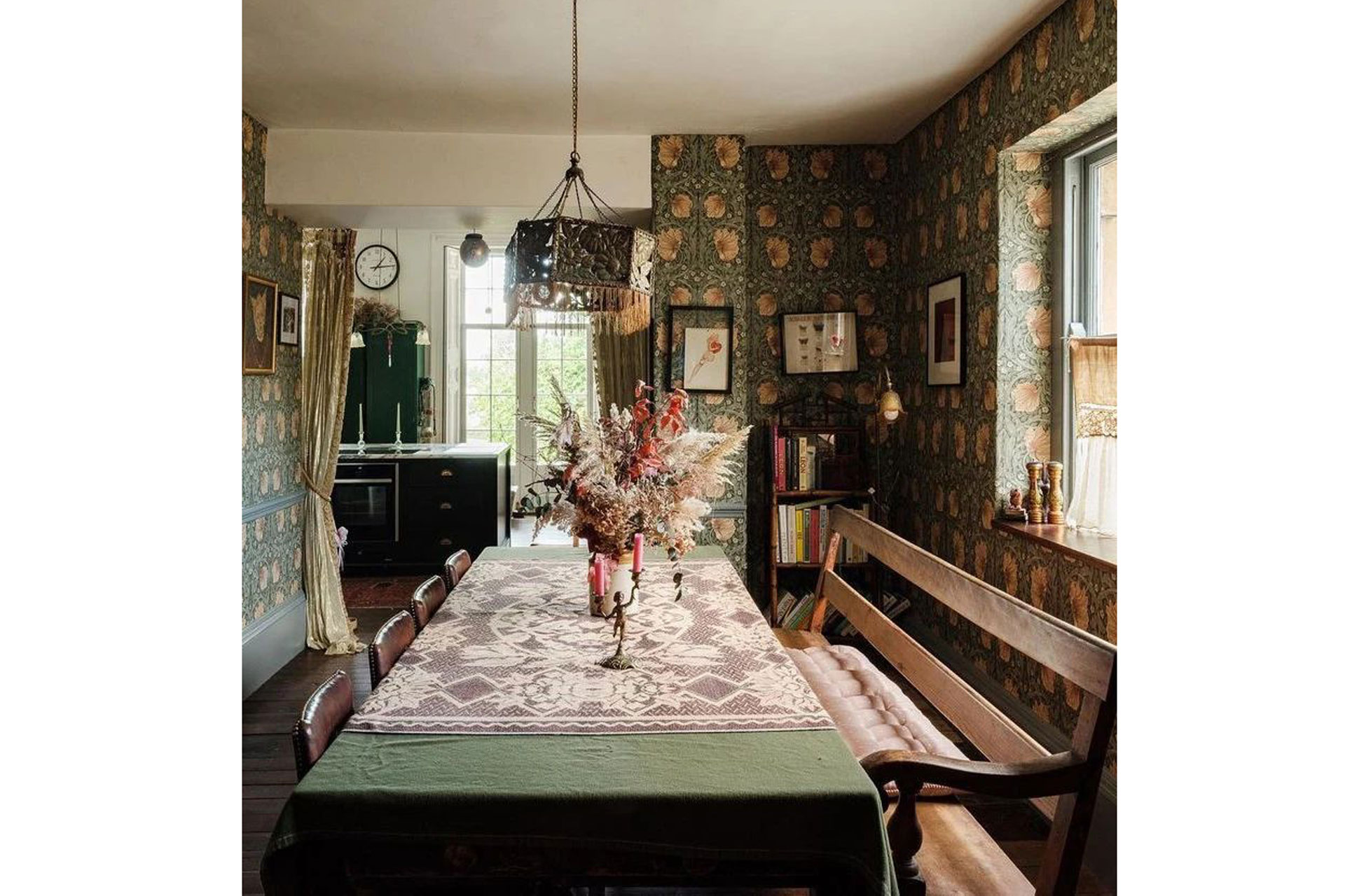 Pearl Lowe Living Room with Morris & Co Wallpaper in Pimpernel design