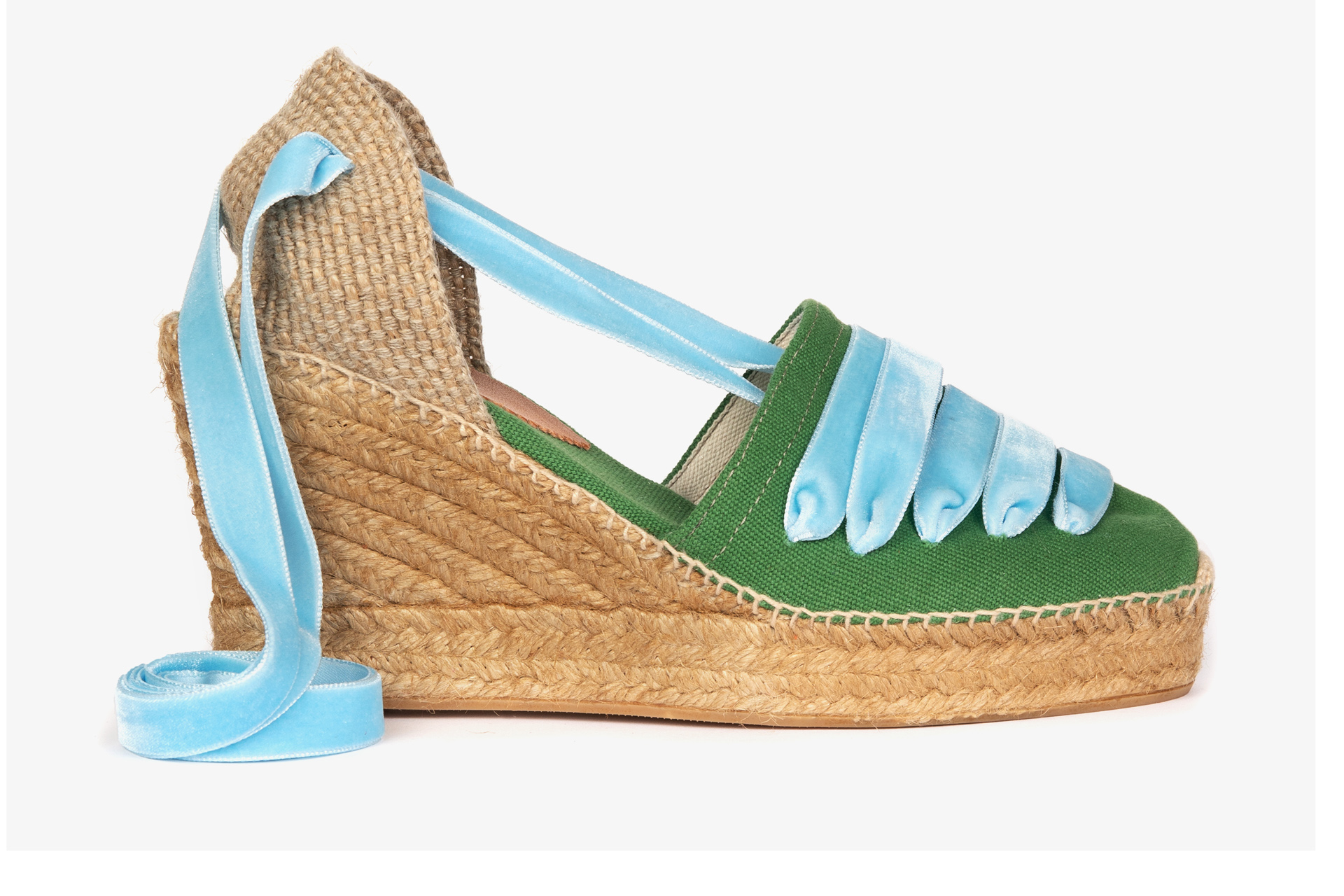 Penelope Chilvers wedge shoes with blue ribbon