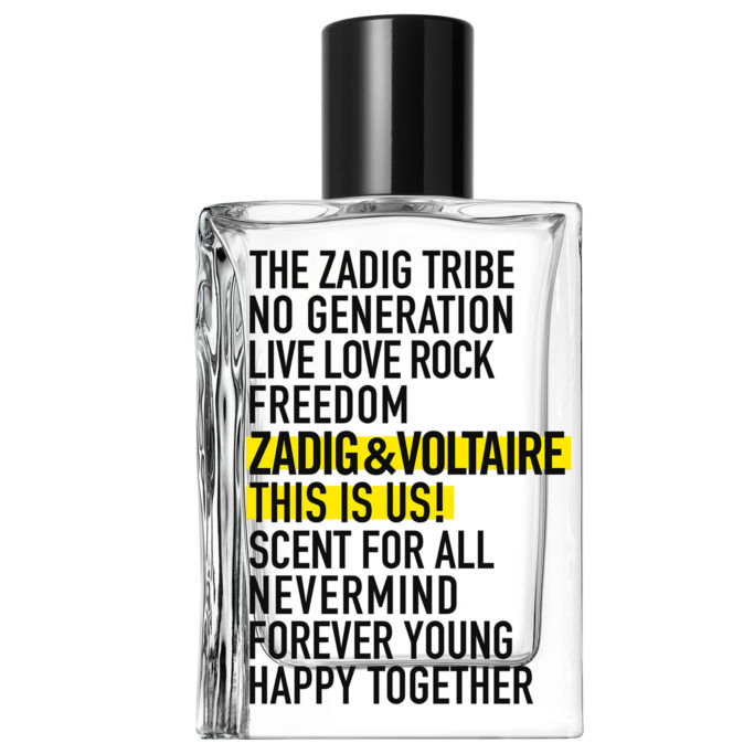 Transparent glass bottle with black and yellow graphics over front and black cap