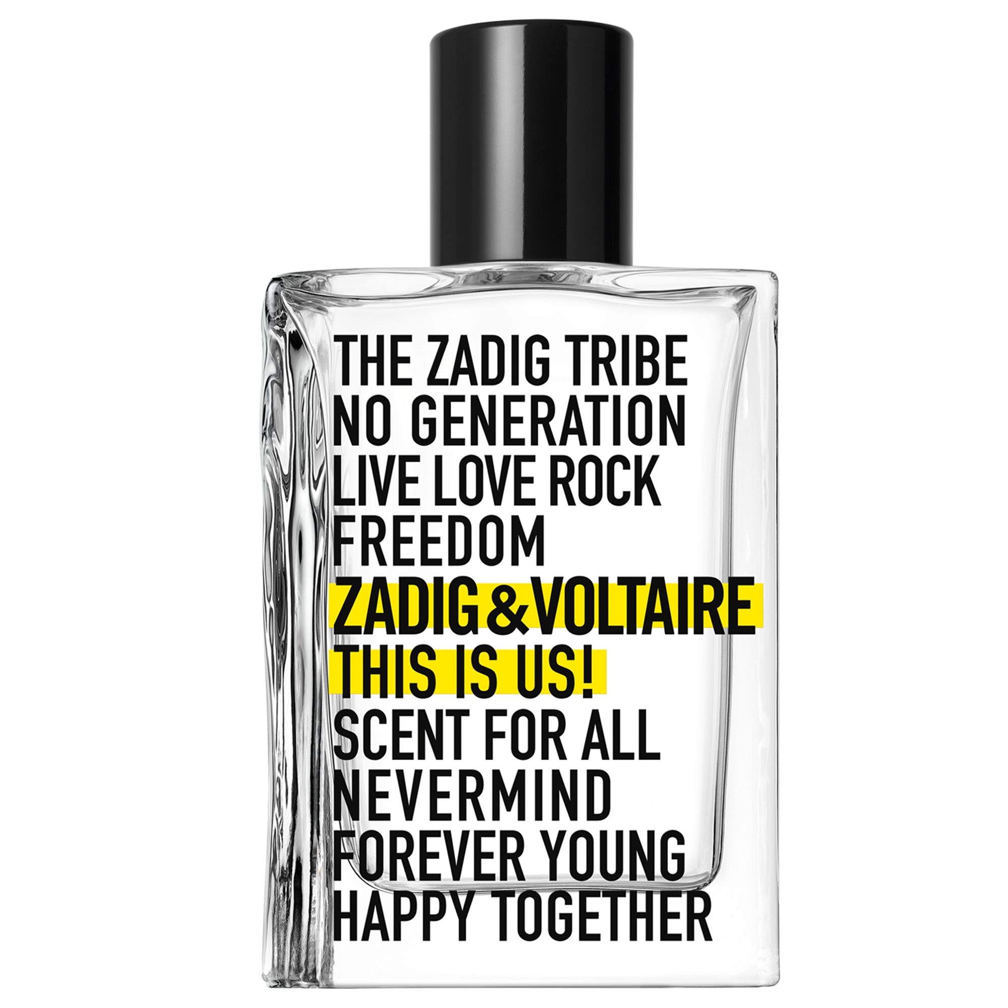 Transparent glass bottle with black and yellow graphics over front and black cap