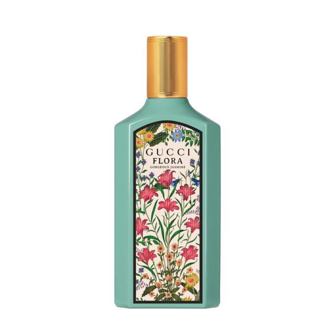 Baby blue and floral patterend bottle with gold lid