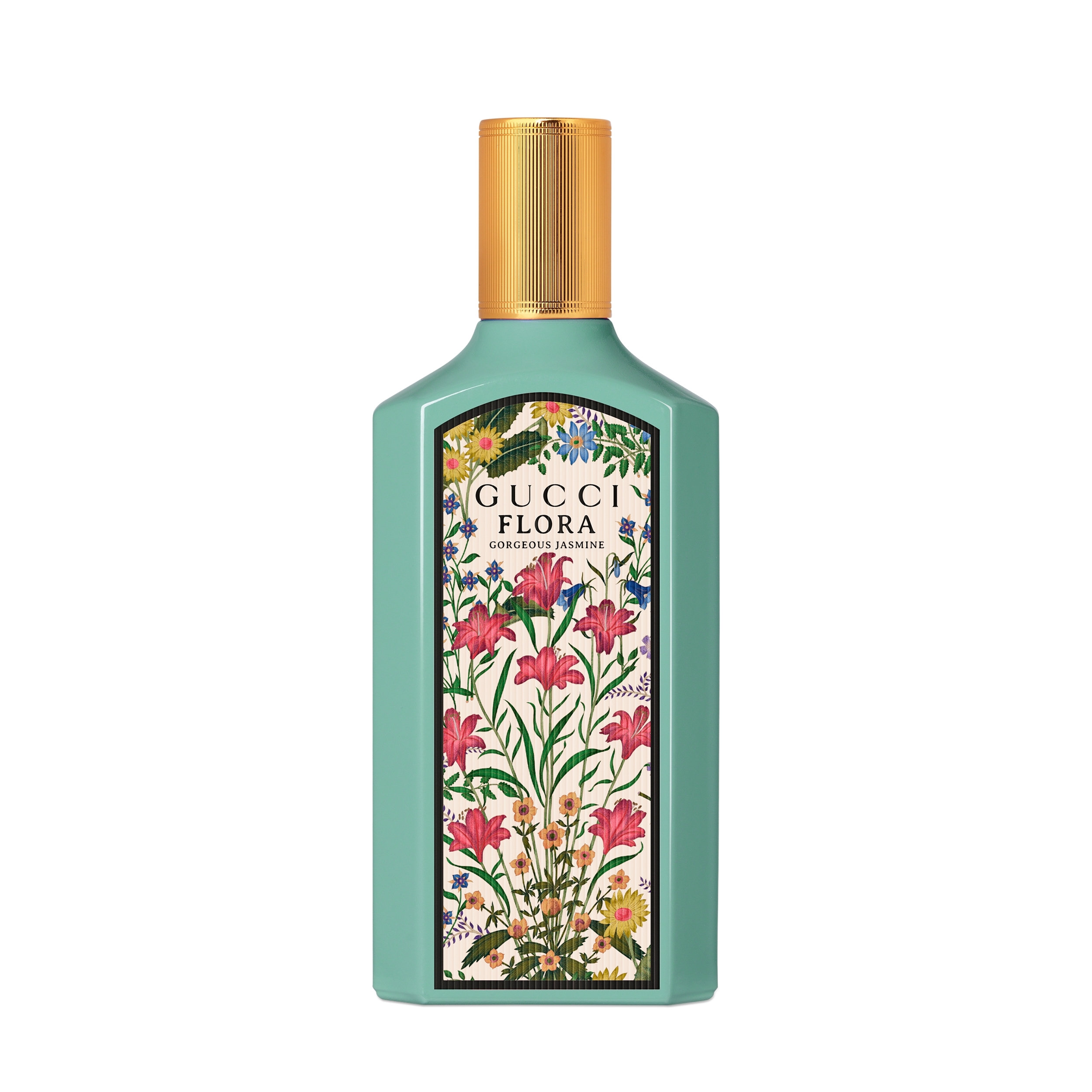 Baby blue and floral patterend bottle with gold lid