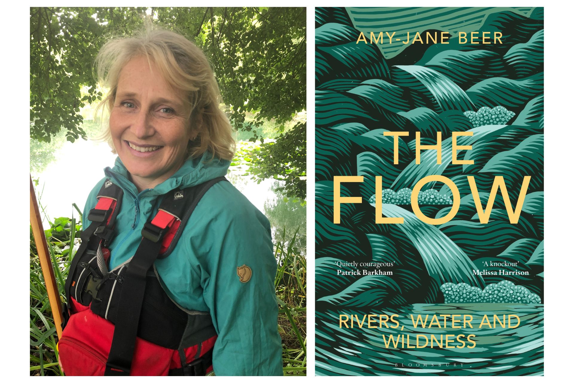 left: Amy-Jane Beer in walking gear; right: the cover of The Flow