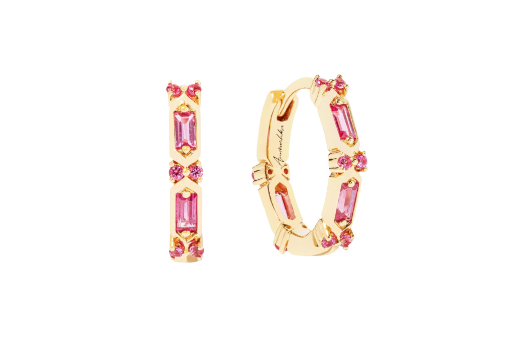 Gold hoop earrings with pink gems